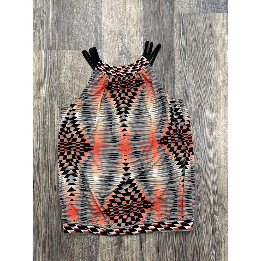 BCBGMAXAZRIA Geometric Tribal Print Halter Top Orange Black XS Blouse